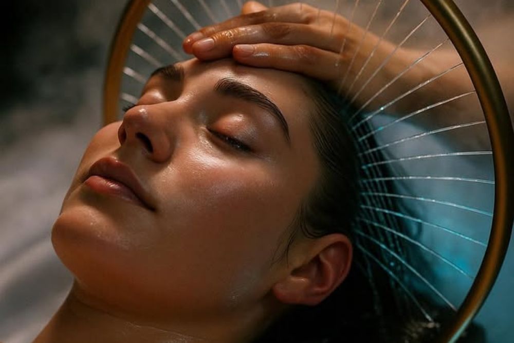 A person receiving a relaxing Japanese Head Spa treatment with warm water therapy and scalp massage-